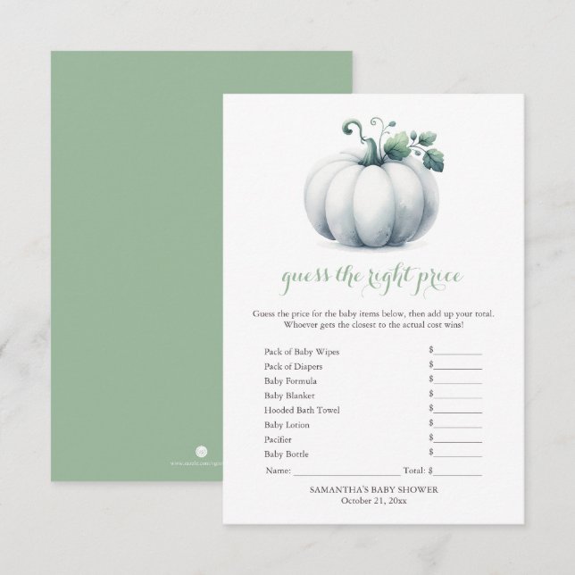 White Pumpkin Baby Shower Game – Price Guess Invitation (Front/Back)