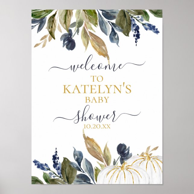 White Pumpkin Baby Shower Welcome Sign Poster (Front)