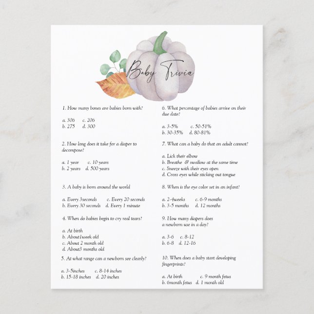 White pumpkin - Baby Trivia | Baby Shower Game (Front)