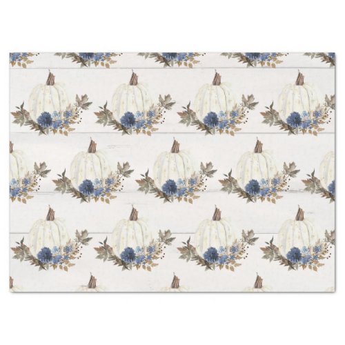 White Pumpkin Blue Floral w Fall Leaves Watercolor Tissue Paper