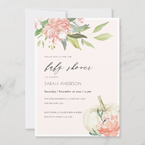 White Pumpkin Blush Floral Baby Shower Invite