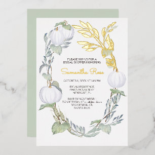 White Pumpkin Bridal Shower Green Leaves Foil Invitation