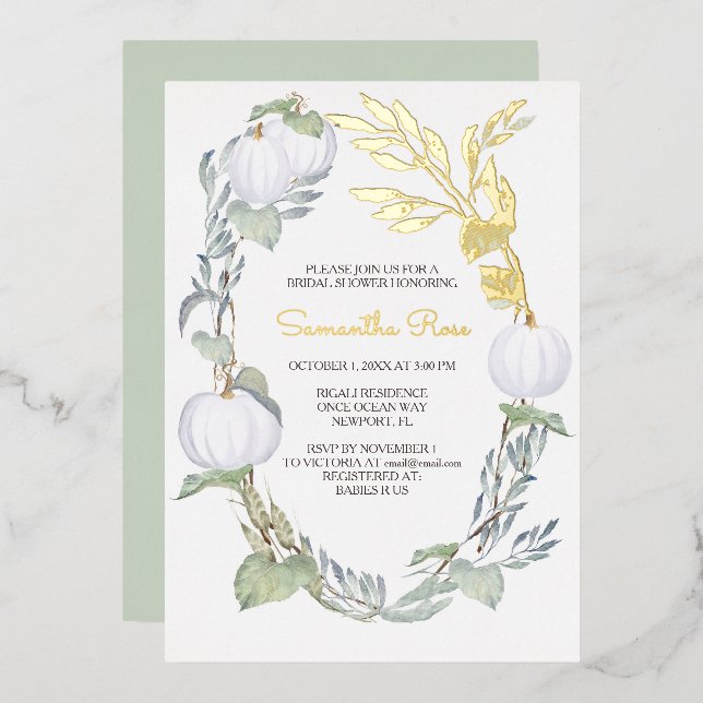 White Pumpkin Bridal Shower Green Leaves Foil Invitation (Front/Back)