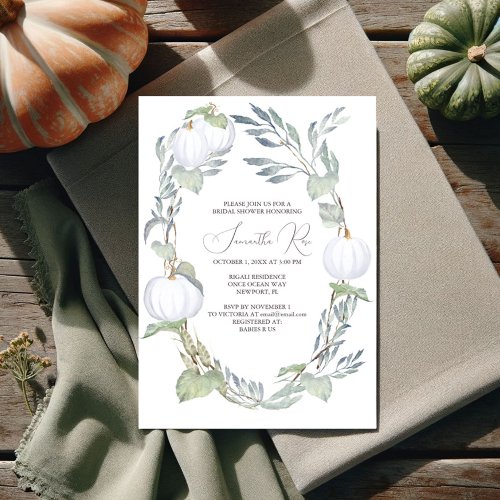 WHITE PUMPKIN Bridal Shower Green Leaves Invitation