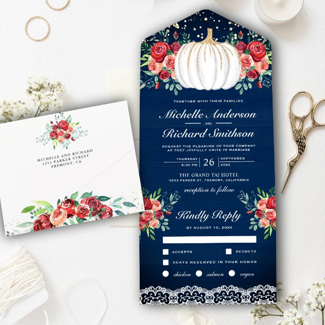 White Pumpkin Burgundy Floral Navy Blue Wedding All In One Invitation (Creator Uploaded)