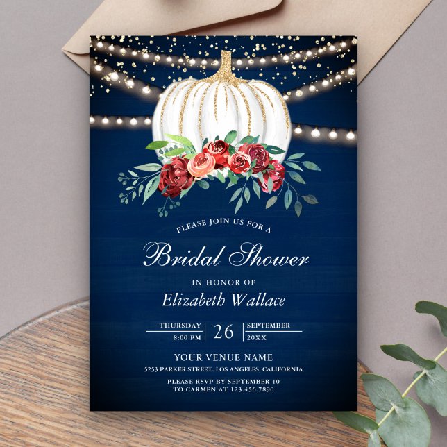 White Pumpkin Burgundy Floral Navy Bridal Shower Invitation (Creator Uploaded)