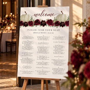 White Pumpkin Burgundy Floral Seating Chart Foam Board