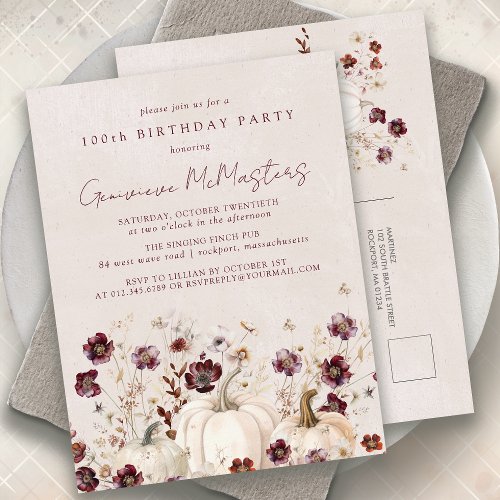 White Pumpkin Burgundy Wildflower 100th Birthday Invitation Postcard