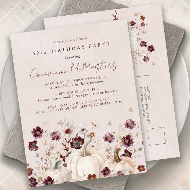 White Pumpkin Burgundy Wildflower 50th Birthday Invitation Postcard (Creator Uploaded)