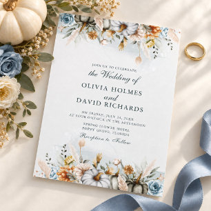 White Pumpkin Dusty Blue Botanical Autumn Wedding Invitation