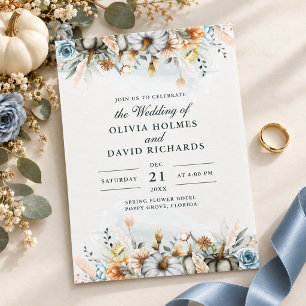 White Pumpkin Dusty Blue Floral Fall Wedding Invitation