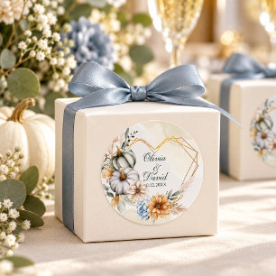 White Pumpkin Dusty Blue Heart Wedding Favor Classic Round Sticker