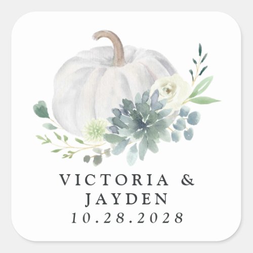 White Pumpkin Elegant Succulent Fall Chic Wedding Square Sticker