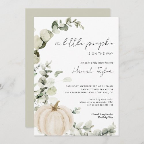 White Pumpkin Eucalyptus Fall Baby Shower Invitation