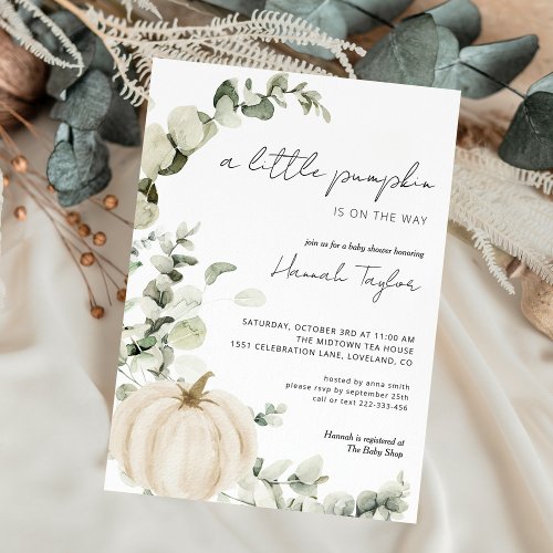 White Pumpkin Eucalyptus Fall Baby Shower Invitation