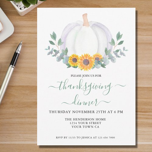 White Pumpkin Eucalyptus Sunflowers Thanksgiving  Invitation