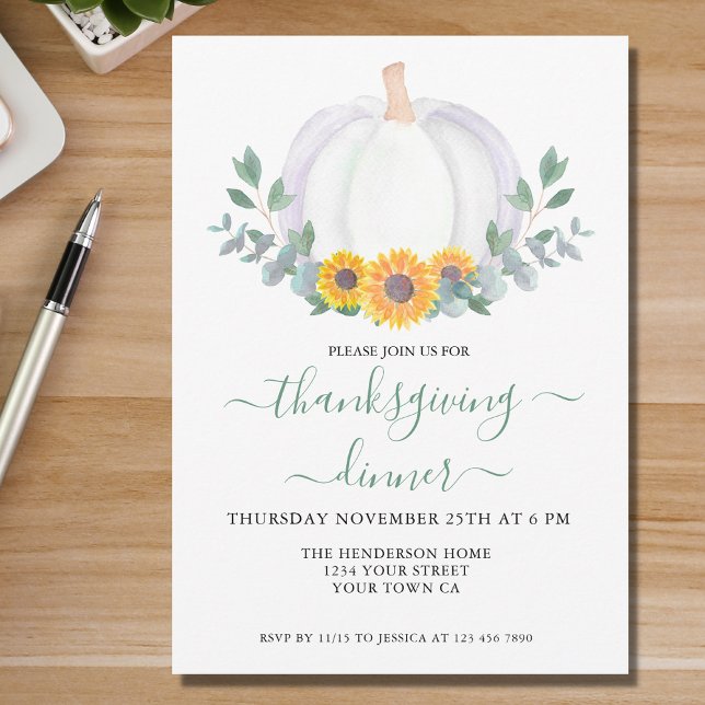 White Pumpkin Eucalyptus Sunflowers Thanksgiving  Invitation (Creator Uploaded)