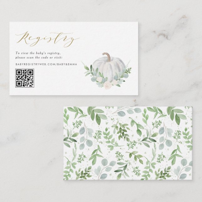 White Pumpkin Fall Baby Shower QR Code Registry Enclosure Card (Front/Back)