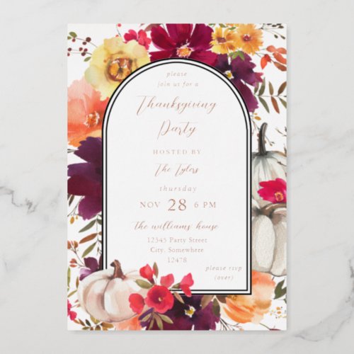 White Pumpkin Fall Floral Thanksgiving Foil Invitation