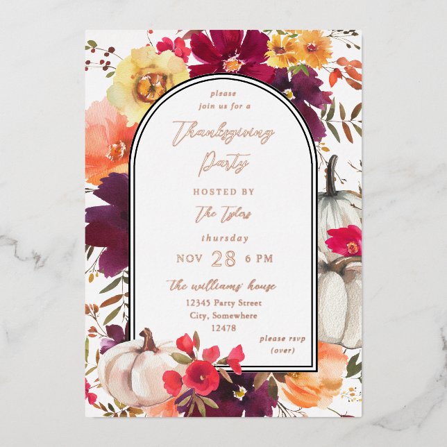 White Pumpkin Fall Floral Thanksgiving Foil Invitation (Front)