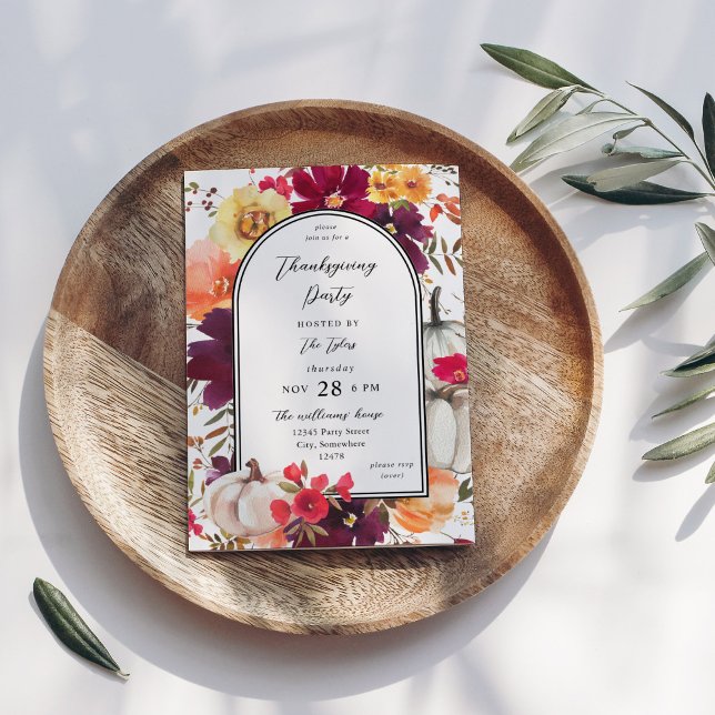 White Pumpkin Fall Floral Thanksgiving Invitation (Creator Uploaded)