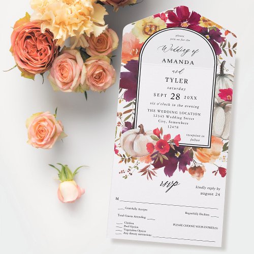 White Pumpkin Fall Floral Wedding All In One Invitation