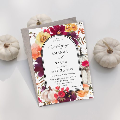 White Pumpkin Fall Floral Wedding Invitation
