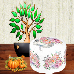 White Pumpkin Fall Home Decor Floral Watercolor  Pouf