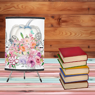 White Pumpkin Fall Home Decor Floral Watercolor Tripod Lamp