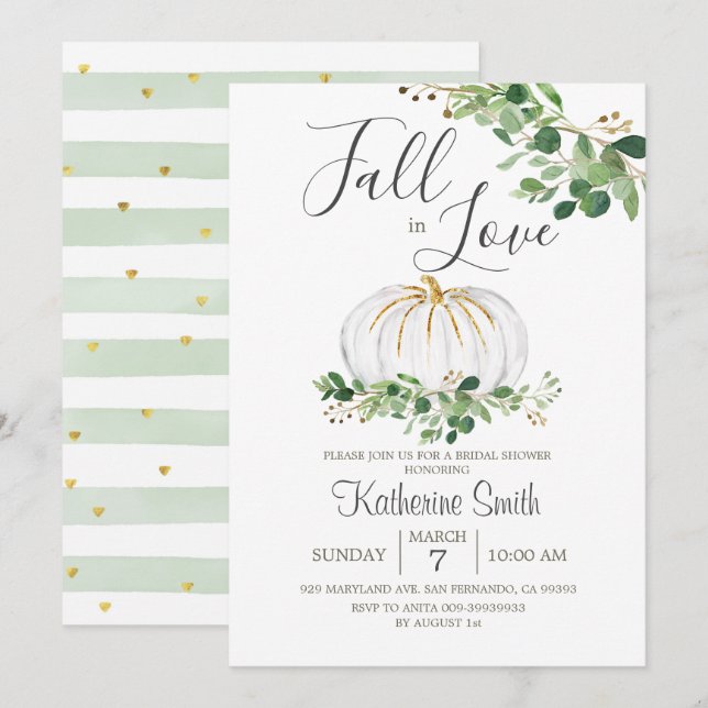 White Pumpkin Fall in Love Bridal Shower Greenery Invitation (Front/Back)