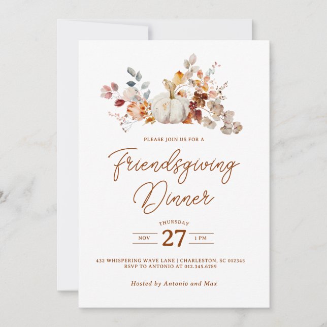White Pumpkin Fall Leaves Friendsgiving Dinner Invitation (Front)