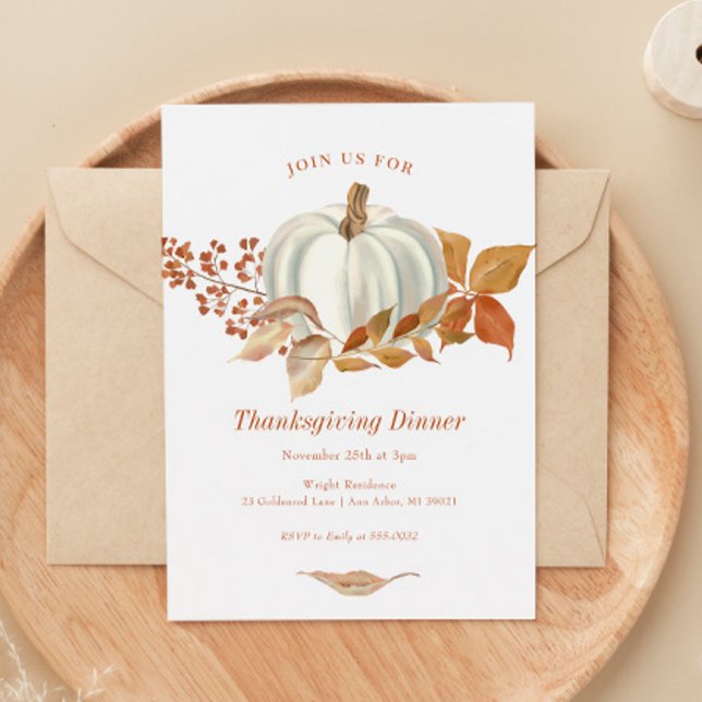 White Pumpkin Fall Leaves Thanksgiving Invitation (Creator Uploaded)