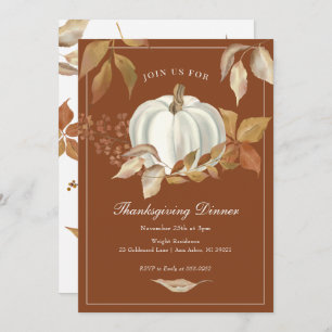 White Pumpkin Fall Leaves Thanksgiving Invitation