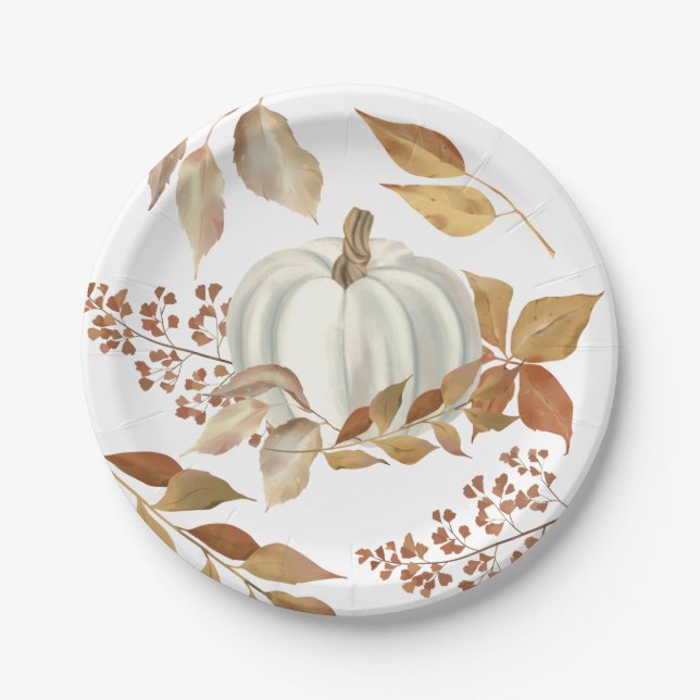 White Pumpkin Fall Leaves Thanksgiving Paper Plates (Front)