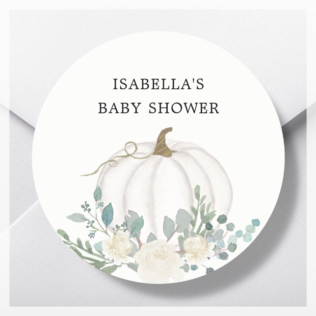 White Pumpkin Fall Theme Baby Shower Favor Classic Round Sticker (Creator Uploaded)