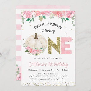 White Pumpkin Floral Gold Word 1st Birthday Invitation