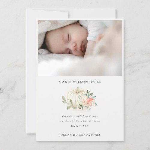 White Pumpkin Floral Photo Baby Birth Announcement