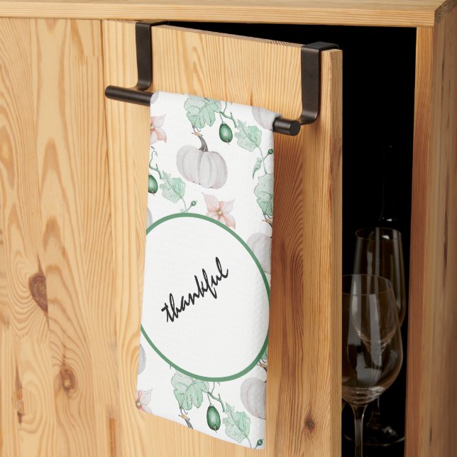 White Pumpkin Floral Watercolor Art Kitchen Towel (Thirds Fold)