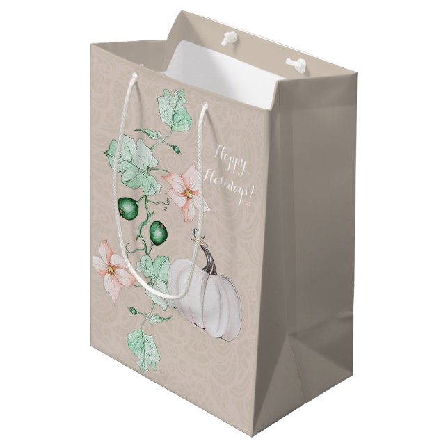 White Pumpkin Floral Watercolor Personalized Medium Gift Bag (Front Angled)