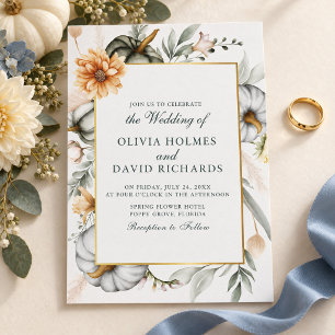 White Pumpkin Gold Frame Floral Fall Wedding Invitation