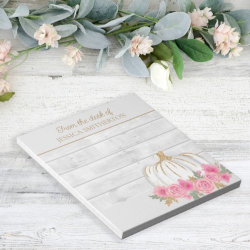 White Pumpkin Gold Glitter Pink Floral Name Notepad