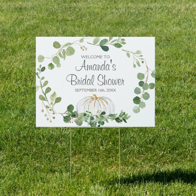 White Pumpkin Greenery Bridal Shower Welcome Sign (Insitu)