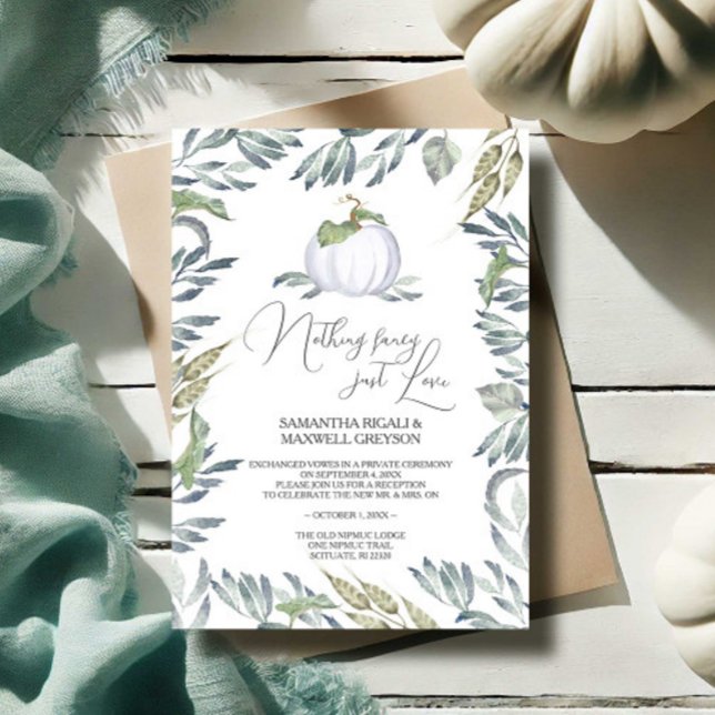 White Pumpkin Greenery Elopement Reception Invitation (Reception invitation fall white pumpkin nothing fancy just love Victoria Grigaliunas VG Invites)