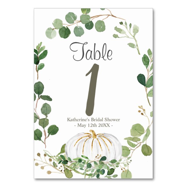 White Pumpkin Greenery Floral Bridal Shower Table Number (Front)