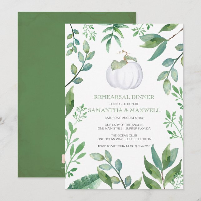 White Pumpkin Greenery Rehearsal Dinner Invitation (Front/Back)