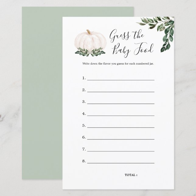 White Pumpkin Guess The Baby Food Game Cards (Front/Back)