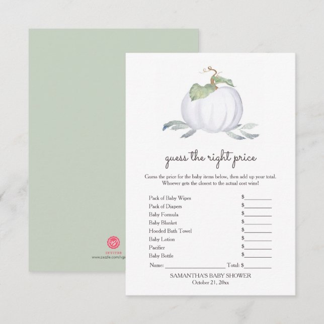White Pumpkin Guess the Right Price Game Invitation (Front/Back)