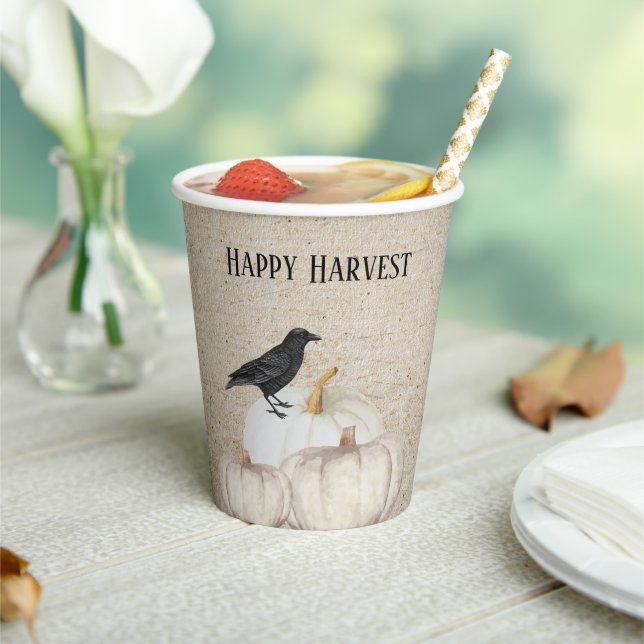 White Pumpkin Happy Harvest Paper Cups (Insitu)