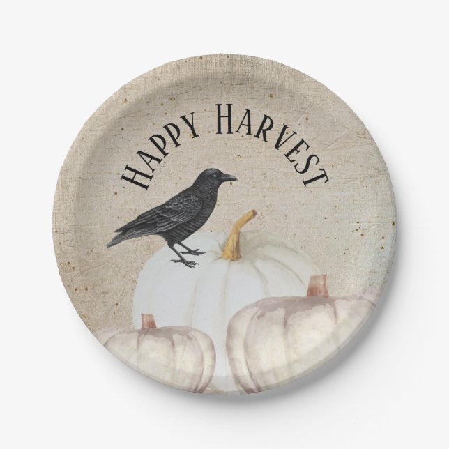 White Pumpkin Happy Harvest Paper Plates (Front)