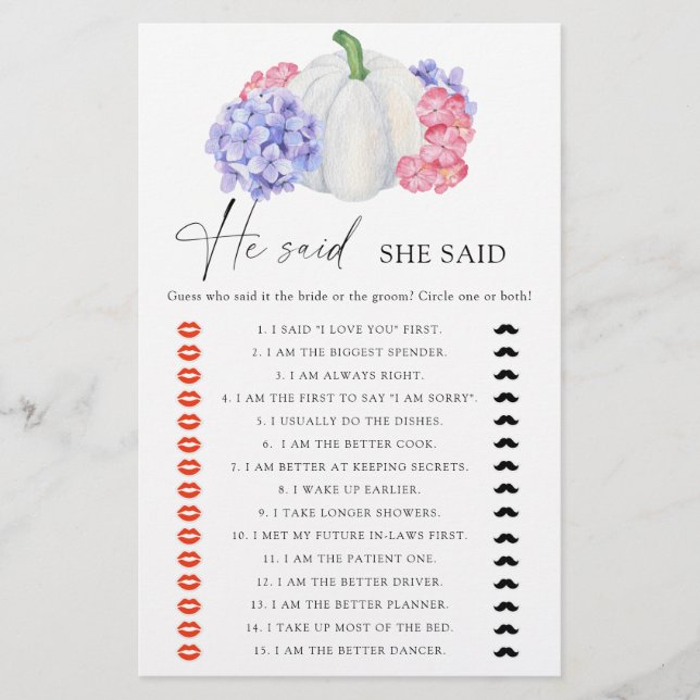 White pumpkin He said she said bridal shower game (Front)